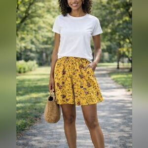 Vintage 90s Liz Claiborne Yellow Floral 100% Silk High Waisted Pleated Shorts